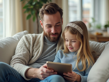 Ein Mann sitzt mit seiner kleiner Tochter auf einer Couch und schaut in ein Tablet
